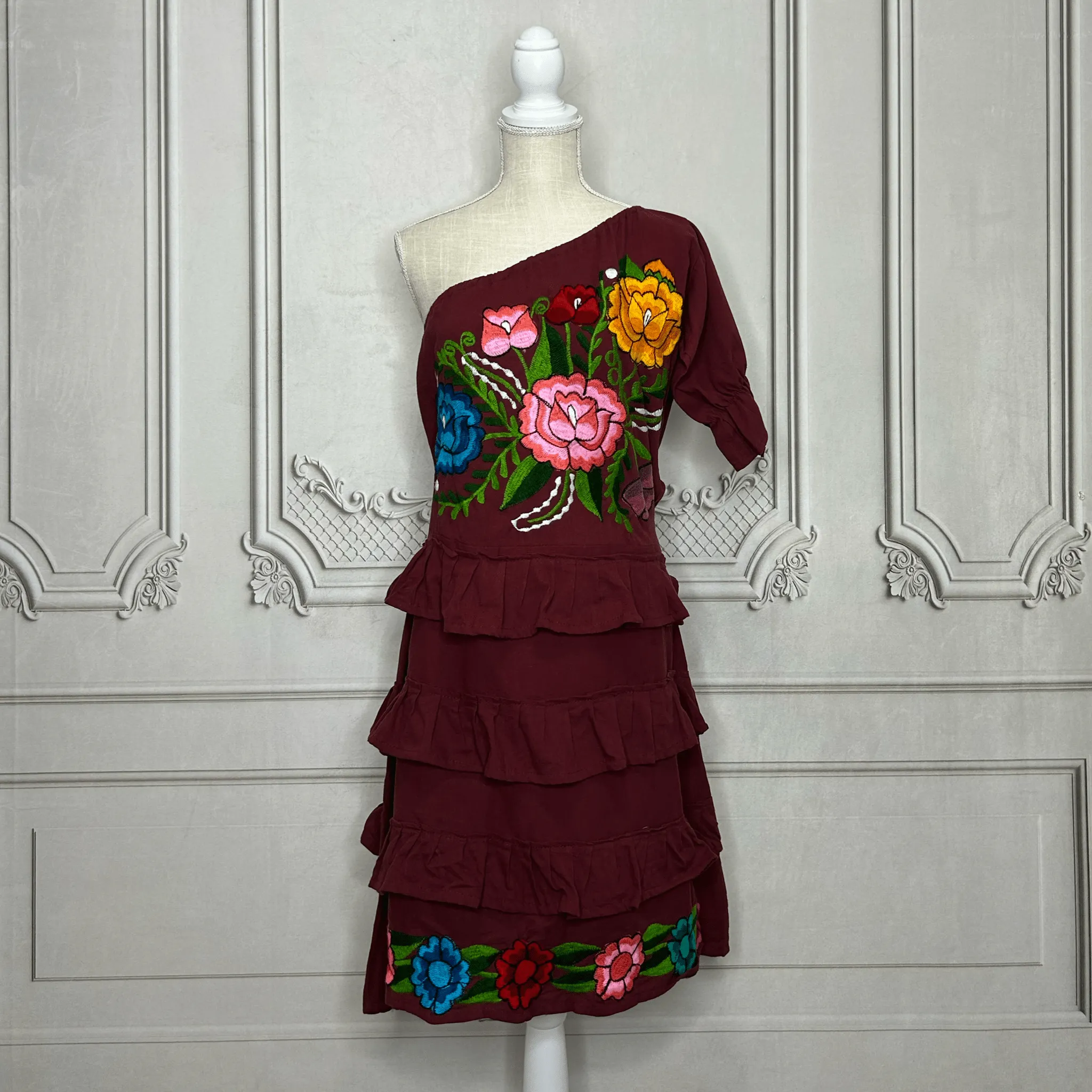 Zinia Mexican One Sleeve Ruffled Dress