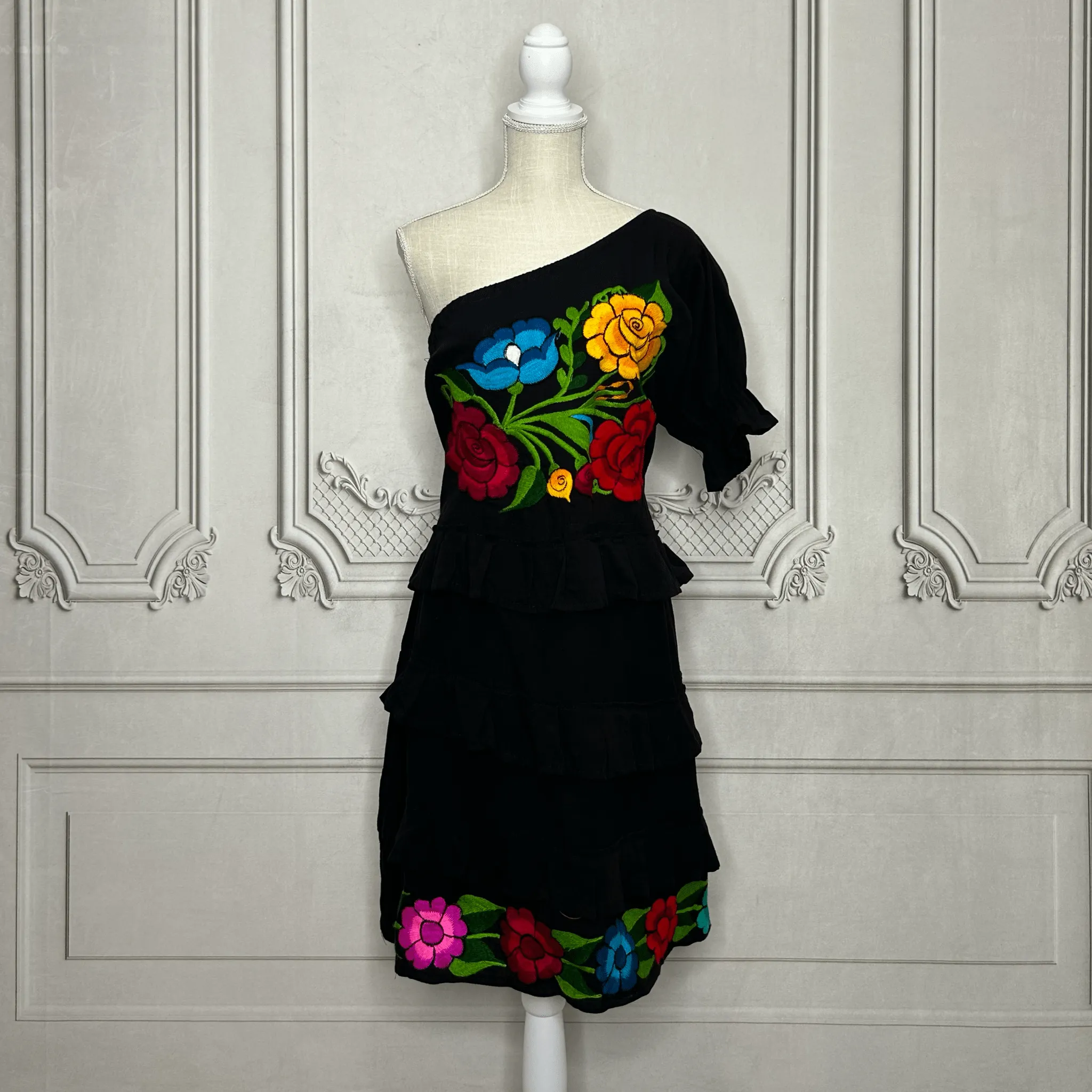 Zinia Mexican One Sleeve Ruffled Dress