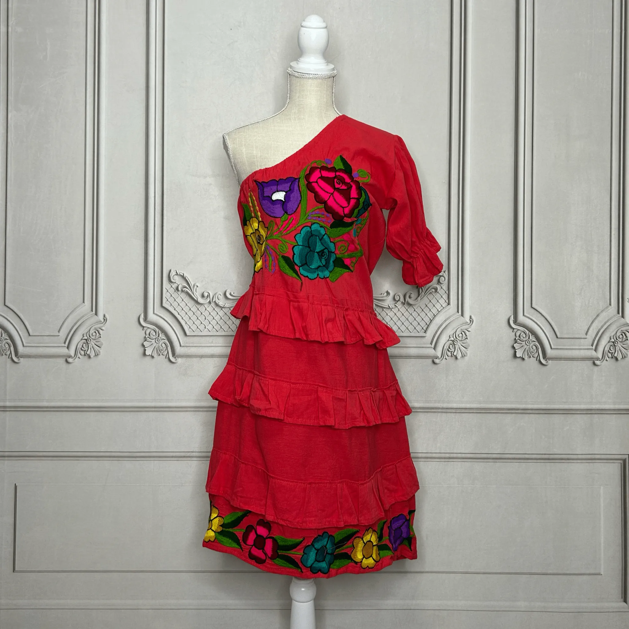 Zinia Mexican One Sleeve Ruffled Dress