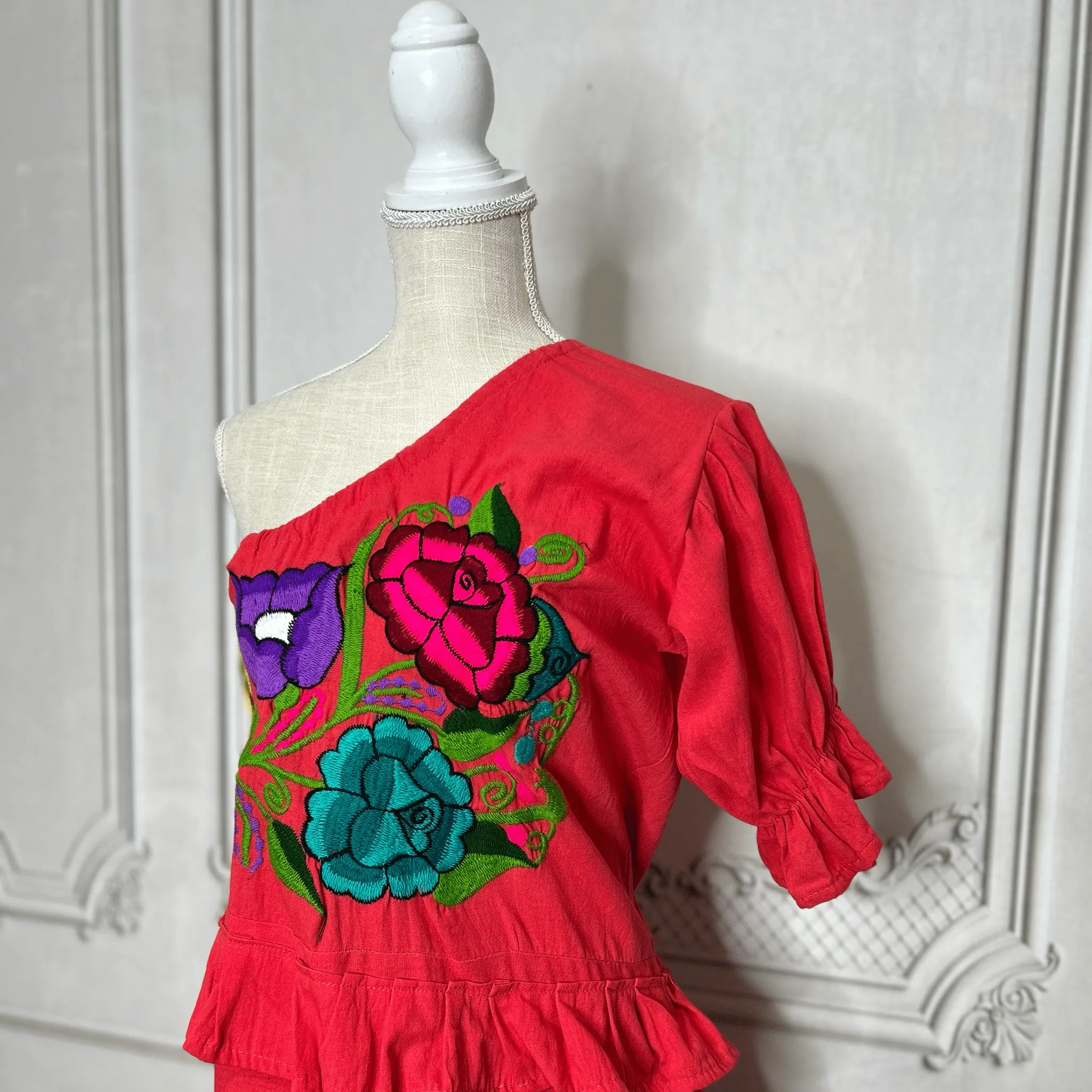 Zinia Mexican One Sleeve Ruffled Dress