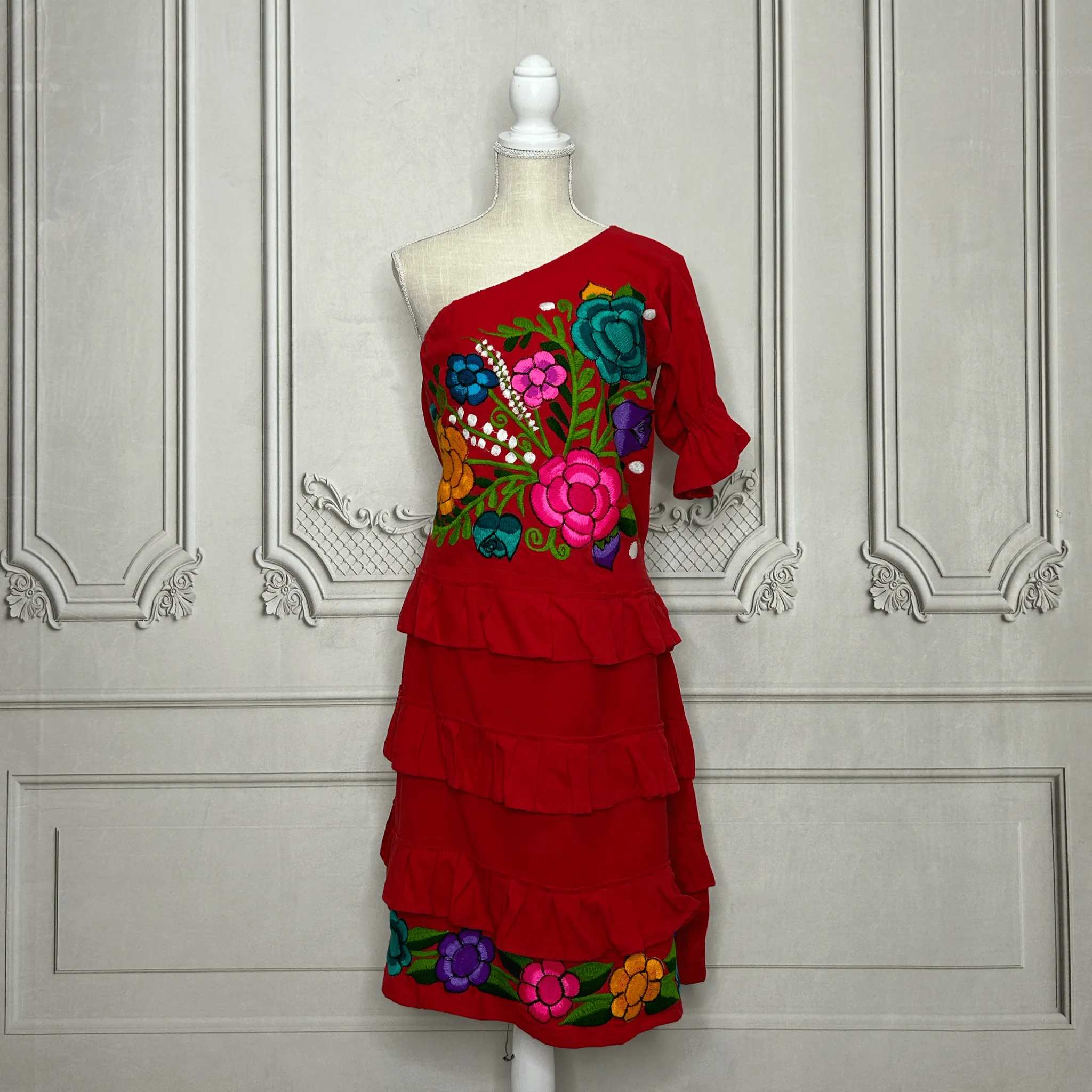 Zinia Mexican One Sleeve Ruffled Dress