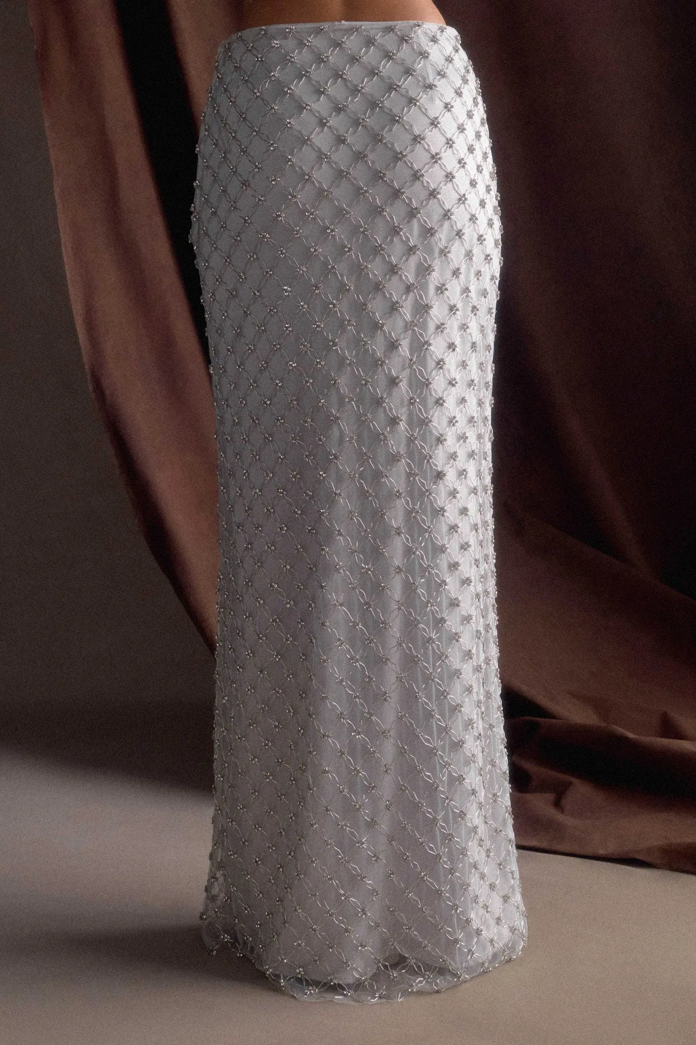 Zuri Hand Beaded Embellished Maxi Skirt - Silver